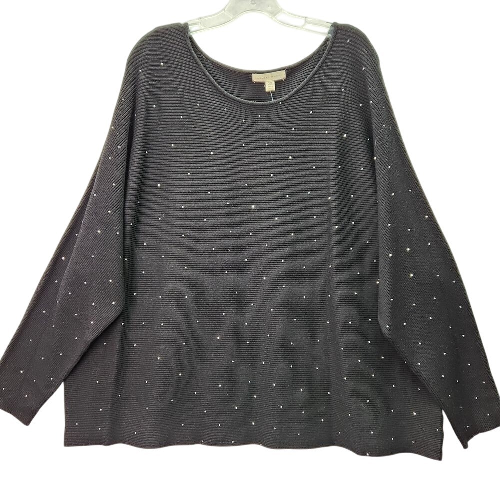 Farmers Market Sweater Plus Size 2X Black Rhinestone‎ Ribbed Long Sleeve Casual